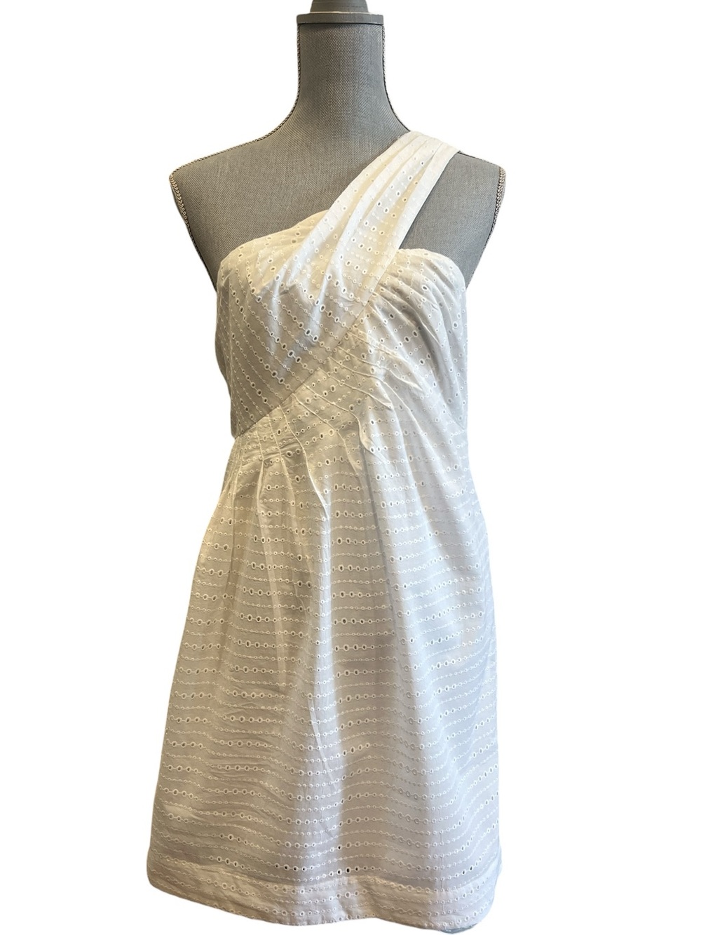 100% Cotton BCBGeneration White One-Shoulder Eyelet Mini Dress